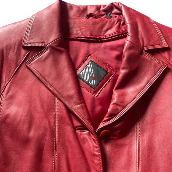 TIBCA Leathers Red Genuine Leather Blazer Jacket 14P Petite Luxury Coat - Picture 6 of 9